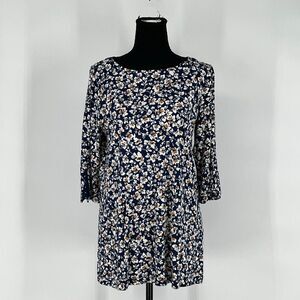 J.JILL Wearever Tunic Top Small Navy Floral Boat Neck 3/4 Sleeve Stretch Rayon